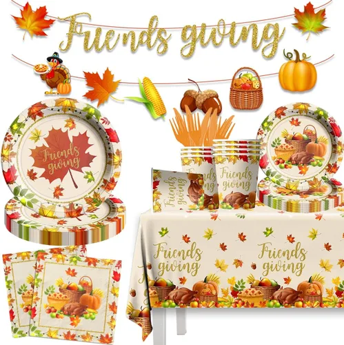 Decoraciones de fiesta de Acción de Gracias para amigos, 142 piezas de vajilla de otoño incluye platos de papel, mantel, tazas. Decoraciones