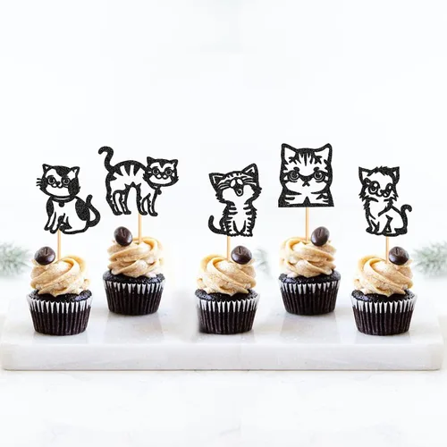 Miniatura 3 de Ercadio Paquete de 25 adornos para magdalenas de gatos, palillos para tartas de gatos negros, selecciones de cupcakes de animales, decoraciones