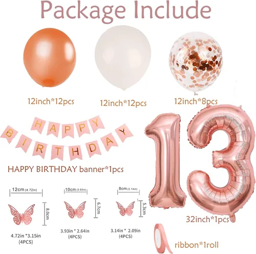 Miniatura 3 de 13th Birthday Decorations For Girls -Rose Gold Pearl White Balloons, 32 Inch Rose Gold "13" Balloon, 3D Butterflies Stickers, Happy Birthday Banner