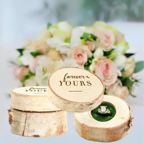 Miniatura 6 de Koyal Wholesale Caja de anillo grabada, caja de anillo de compromiso de madera real de abedul, Forever Yours, caja de propuesta de boda Siempre tuyo