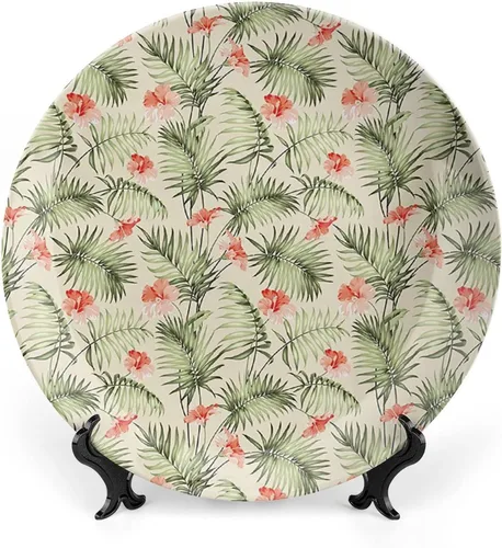 Miniatura 20 de XISUNYA Plato decorativo de 7 pulgadas, cerámica con hojas de cerámica, esqueleto, flores de primavera transparentes de fantasía, impresión de moda