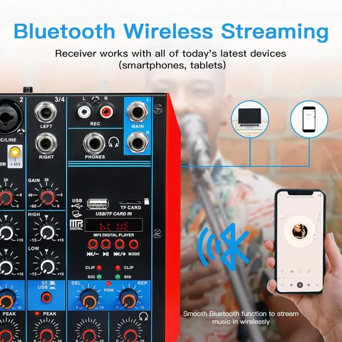 Miniatura 2 de Mezclador de audio de 4 canales, mini consola portátil de placa de sonido con interfaz de audio USB de 48 V Phantom Power Bluetooth USB MP3 DJ Mixer