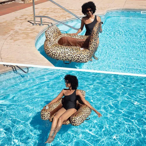 Miniatura 4 de Freetime Fun Tumbona inflable para piscina, piscina, lago, río, silla flotante de tela resistente, silla convertible 2 en 1, leopardo, camuflaje