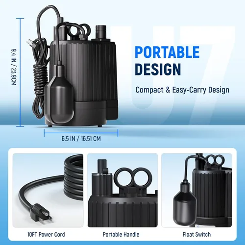 Miniatura 7 de D-HONOR - Bomba de sumidero, bomba de agua sumergible de 1/3 HP 1600 GPH, con interruptor de flotador, bomba automática para piscina, estanque