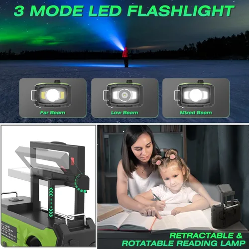 Miniatura 5 de NITIGO Radio meteorológica de emergencia de 37000 mWh, radio solar con manivela Hank con carga USB con NOAA/AM/FM, linterna, luz de lectura, alarma