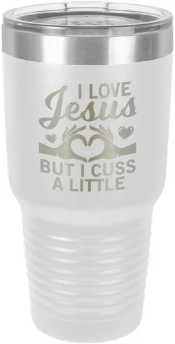 Miniatura 22 de Taza de viaje con texto en inglés "I Love Jessus I CUSS A LITTLE Engraved Tumbler", de acero con recubrimiento de polvo grabado con láser, sin BPA