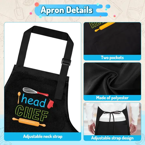 Miniatura 2 de R HORSE Juego de delantal y gorro de chef para adultos y niños - 4 piezas, delantal y gorro de cocina ajustables para padres e hijos, juguete