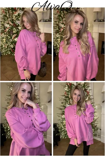 Miniatura 56 de AlvaQ - Sudadera de gran tamaño para mujer, informal, de manga larga, con botones y cuello Henley, tipo túnica
