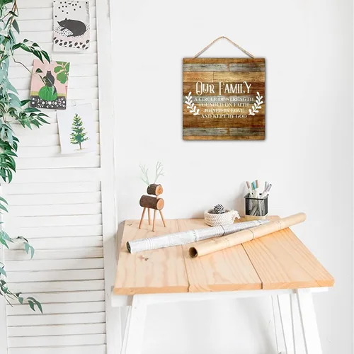 Miniatura 7 de Paleta de madera vintage con versículo bíblico para el hogar, con texto en inglés "Our Family a Circle of Strength" Founded on Faith Joined in Love