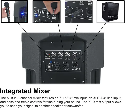 Miniatura 6 de Rockville DX12 2000W Altavoz PA alimentado de 12 pulgadas, mezclador de 2 canales, entradas XLR y 1/4, montaje en poste de doble ángulo