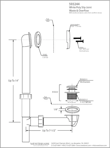 Miniatura 5 de Westbrass 593244-26 Kit de drenaje de residuos de baño con punta tubular blanca de 1-1/2 pulgadas, cromo pulido