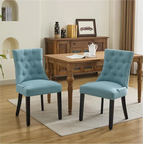 Miniatura 11 de Juego de 4 sillas de comedor tapizadas copetudas, sillas laterales de tela para comedor con cabeza de clavo en la parte trasera y patas de madera