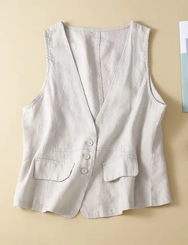 Miniatura 2 de IDEALSANXUN Chaleco de lino de algodón sin mangas para mujer, chaleco casual de verano, cuello en V, chaqueta de cárdigan