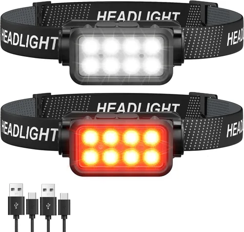 Miniatura 8 de Linterna frontal recargable 2 unidades, 8 LED, 2500 lúmenes, lámpara de cabeza ultraligera y brillante con sensor de movimiento, impermeable