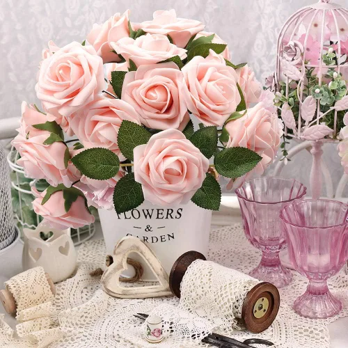 Miniatura 5 de Mocoosy 50 rosas artificiales, rosas artificiales de espuma con tallo para ramos de novia, centros de mesa, flores artificiales, manualidades, Rosa