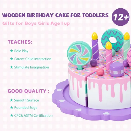 Miniatura 3 de Juguetes de pastel para niños pequeños de 2 a 5 años, juguete de comida de madera para jugar a fingir, pastel de cumpleaños falso, juguete de cocina