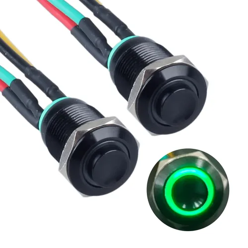 Miniatura 12 de 2 interruptores de botón con pestillo de 0.472 in con cable pre-soldado de 5.9 in 1NO 12V-24V ON-Off para orificio de montaje de 1/2 pulgada, anillo