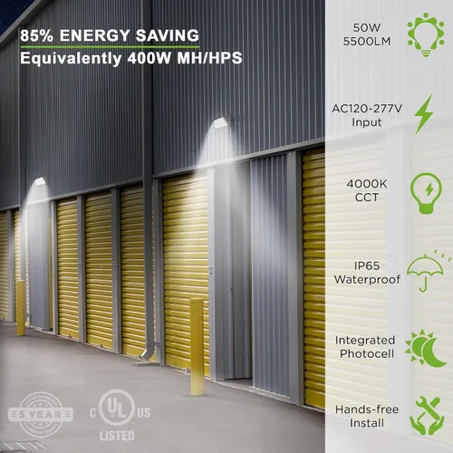 Miniatura 5 de TIERONE Paquete de pared LED de 50 W, fotocélula del atardecer al amanecer, accesorio de iluminación para áreas de seguridad comercial al aire