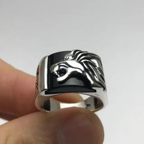 Miniatura 3 de Anillo de plata de ley 925K con motivo de león y piedra de ónix para hombre, Plata