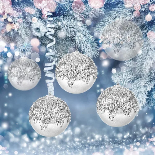 Miniatura 4 de Adornos de bola de Navidad colgantes de 4 piezas en plata, decoraciones de bolas de Navidad irrompibles para árboles, decoraciones para bodas