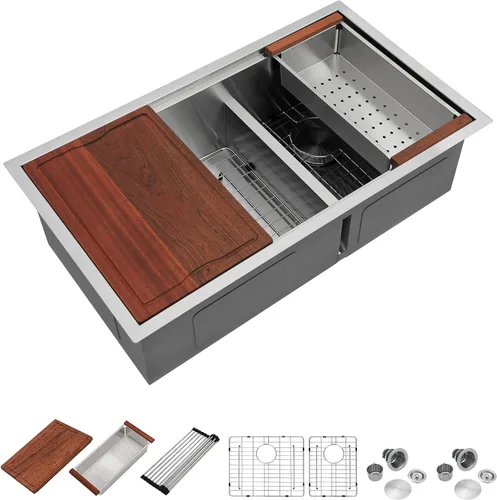 Miniatura 10 de Dcolora DC-U-1111 - Fregadero de cocina de 33 pulgadas con doble tazón, estación de trabajo de acero inoxidable 50/50 dividida baja dividida calibre