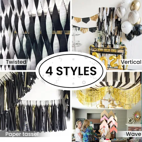 Miniatura 6 de PartyWoo Serpentinas de papel crepé negro dorado y plateado, 10 rollos de 820 pies, paquete de papel crepé para graduación, Navidad, Año Nuevo