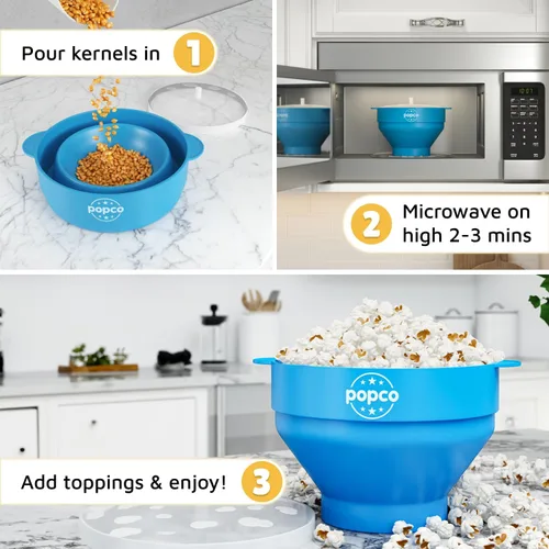 Miniatura 5 de POPCO Máquina de Palomitas de Silicona - Recipiente para Hacer Palomitas en Microondas - Tazón Plegable, Resistente al Calor, Fácil de Limpiar, Azul