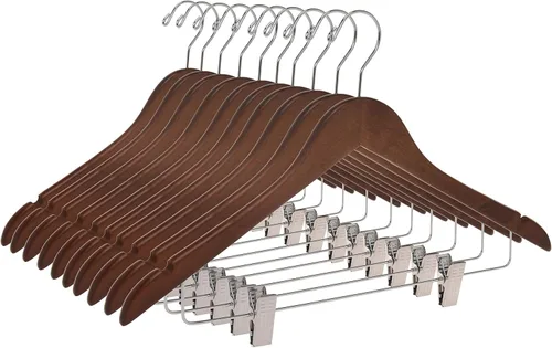 Miniatura 14 de Perchas de madera de calidad para faldas con clips, paquete de 20 perchas de nogal para pantalones con clips de metal dorado ajustables, gancho