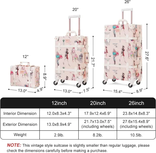 Miniatura 7 de Unitravel Juego de equipaje vintage, juego de maleta de mano para mujer con cerradura TSA, baúl giratorio de piel sintética con funda de tren de 12