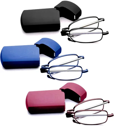 GOOSEN Reading Glasses Men Women, Pocket Wallet Purse Compact Hard Cases Folding Readers, Blue light Glasses Spring Hinge Opt 02: negro azul rojo