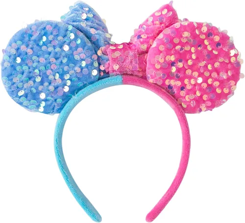 Miniatura 2 de KARETT Diadema con Orejas de Ratón de Lentejuelas con Lazo de Brillantina, Decoración de Fiesta de Princesa para Niñas y Mujeres Rosa Azul