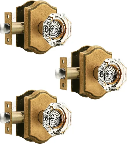 Miniatura 28 de Gobrico Paquete de 5 pomos de puerta de cristal de paso en latón antiguo para pasillo, armario, lavandería, forma octágono transparente, sin llave