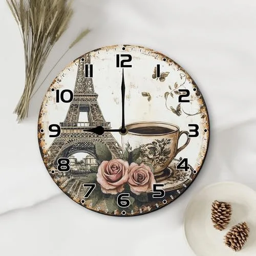 Miniatura 4 de FemiaD Relojes de pared capuchino reloj de pared con manecilla de hora negra de 10 pulgadas, redondo, de madera, funciona con pilas, silencioso, sin