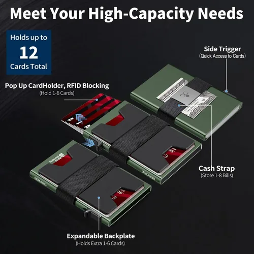 Miniatura 98 de Cartera delgada de aluminio para hombre, placa trasera expandible duradera, bloqueo RFID, billetera desplegable de metal minimalista, con capacidad