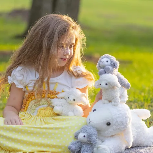 Miniatura 3 de Tezituor Juego de 5 Animales de Peluche de Cordero, Peluche Grande de Oveja Mamá de 20 Pulgadas con 4 Lindos Bebés Cordero, Almohada de Felpa