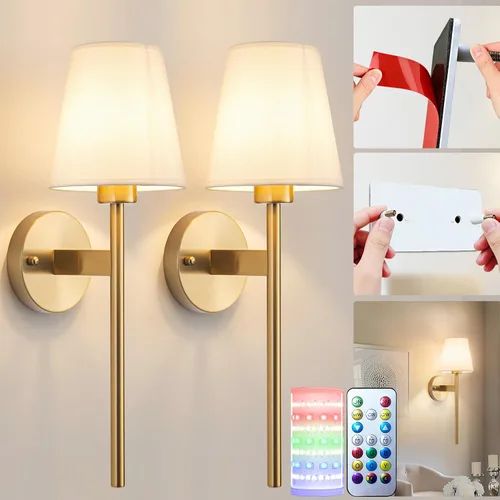 Miniatura 16 de Juego de 2 apliques de pared a pilas, luz de pared inalámbrica con bombilla magnética recargable RGB de 10000 mAh, aplique de pared recargable