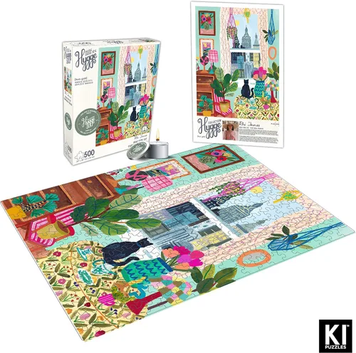 Miniatura 4 de Rompecabezas de 500 piezas para adultos Colección Hygge Gato en la Ventana Rhi James Tablero Azul y Vela de KI Puzzles