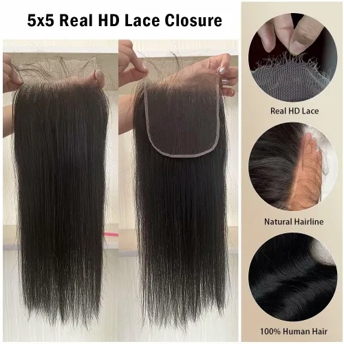 Miniatura 2 de KRN 5x5 HD Cierre de encaje, 0.1mm Ultra-delgado Invisible Cierre de encaje HD Pequeño Nudo Único Pre-arrancado con Cabello de Bebé 12A Grado
