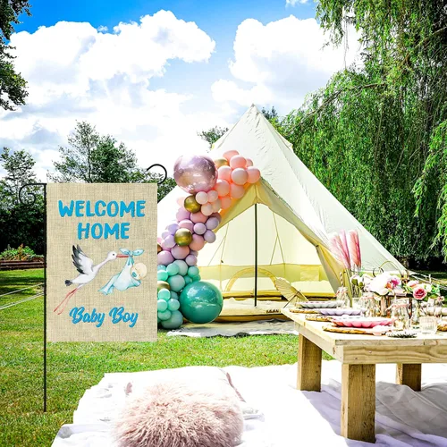 Miniatura 4 de WATINC Bandera de jardín de bienvenida a casa de bebé niño de arpillera para baby shower niño, entrega especial, bandera de casa de doble cara