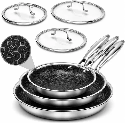 Miniatura 8 de USELUCK Juego de Sartenes Antiadherentes, Sartenes Híbridas No Tóxicas de 8, 10 y 12 Pulgadas con Tapas, Aptas para Lavavajillas y Horno, Listas