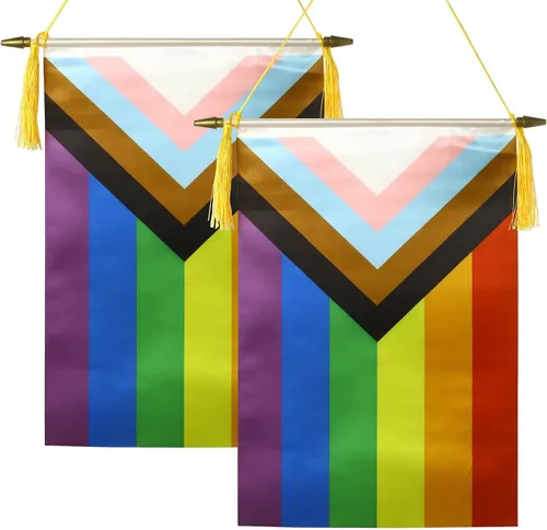 CANTENDO Paquete de 2 banderas de pared con diseño de arco iris del progreso del orgullo progresivo, bandera colgante gay LGBTQ con poste colgante