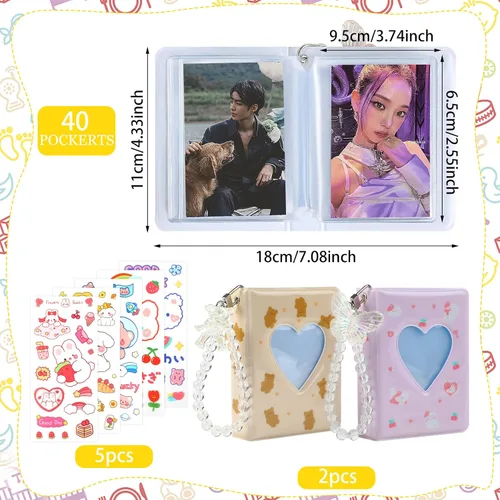 Miniatura 2 de CCINEE Juego de 2 portatarjetas Kpop para tarjetas fotográficas, mini álbum de fotos Kpop con colgante de cristal y lindas calcomanías, corazón