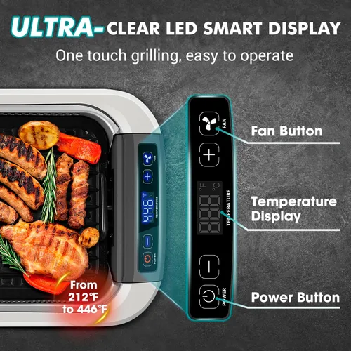 Miniatura 4 de CUSIMAX - Parrilla eléctrica sin humo, parrilla eléctrica coreana de 1500 W con pantalla inteligente LED y tapa de vidrio templado, placa