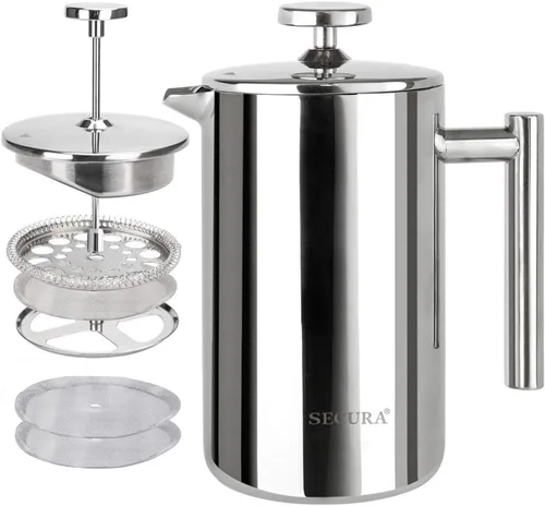 Miniatura 11 de Secura Cafetera de Prensa Francesa, Prensa de Café de Acero Inoxidable de Doble Pared Grado 304 con 2 Filtros Adicionales, 34oz (1L), Rojo
