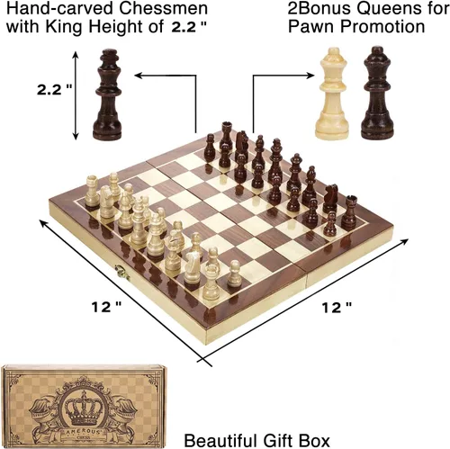 Miniatura 4 de AMEROUS Juego de ajedrez magnético de madera de 12 x 12 pulgadas para niños y 6 años en adelante, 2 reinas adicionales, tablero plegable con ranuras