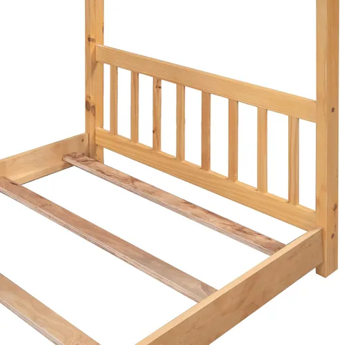 Miniatura 7 de Cama de casa de tamaño individual, cama de plataforma individual con cabecero y estribo, diseño de techo, muebles de dormitorio, natural