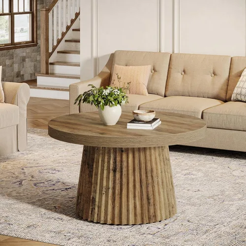 Miniatura 6 de Tribesigns - Mesa de café, mesa de café redonda pequeña de 31.5" de estilo granja con base de tambor estriada, mesa central de acento boho moderna
