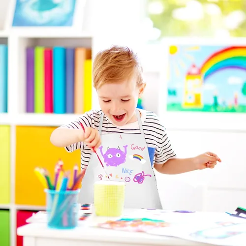 Miniatura 8 de DIY Kids Chef Hat and Apron Set Kids Painting Delantales con bolígrafo de colores y plantillas de manualidades para hornear pintura Artesanía, Blanco