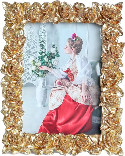 Portarretratos vintage de 3.5 x 5 pulgadas, hoja de flor de oro rosa con parte delantera de cristal, estilo antiguo para mesa o colgar en la pared