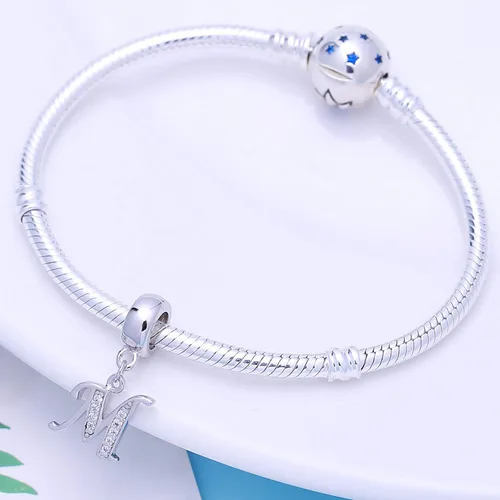 Miniatura 5 de ABUN Abalorio de plata de ley 925 con letra A a la Z espaciador de inicial con circonita cúbica transparete colgante auténtica para pulseras